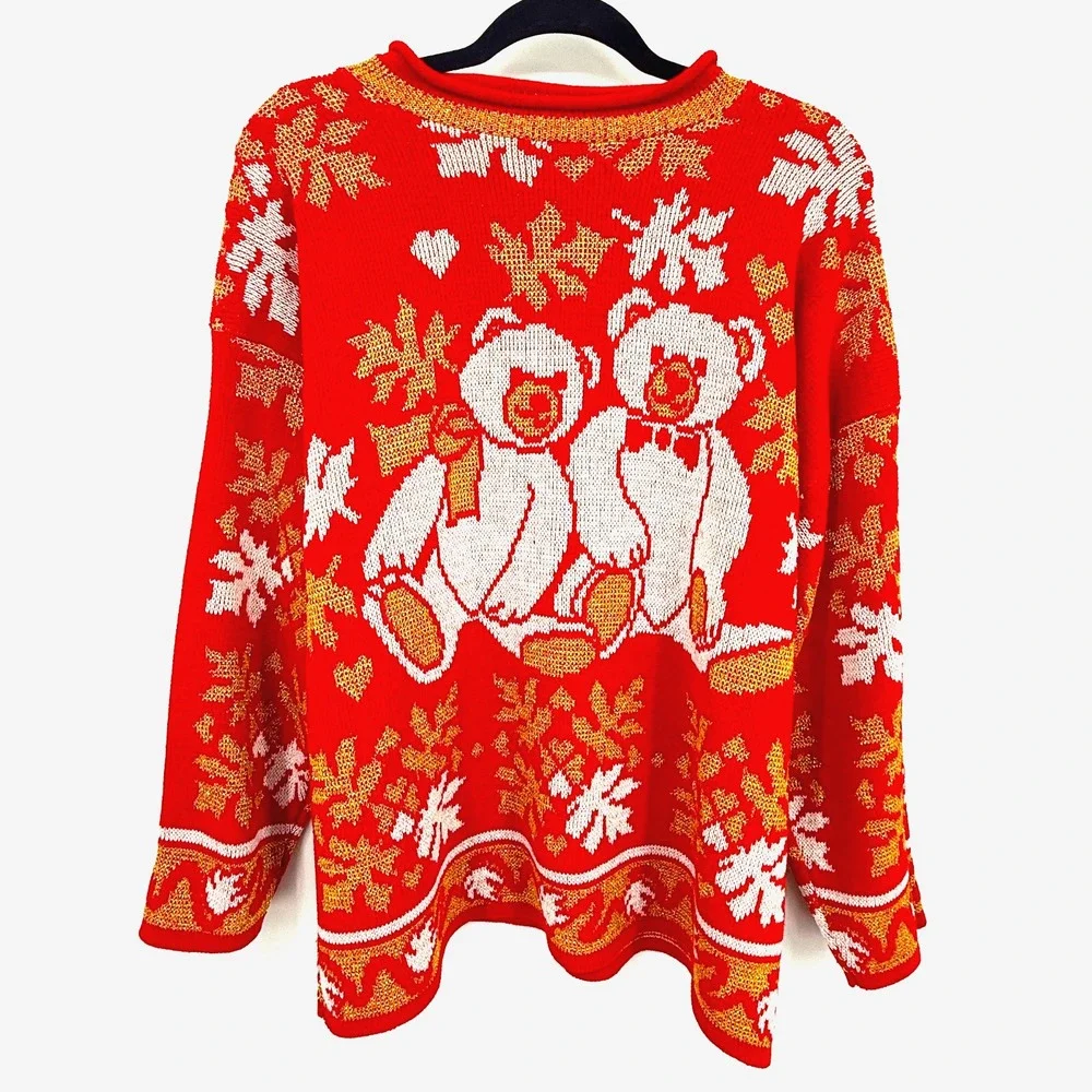 Holiday Time Christmas Sweater Womens L‎ Red Metallic Gold Bears Novelty Vintage